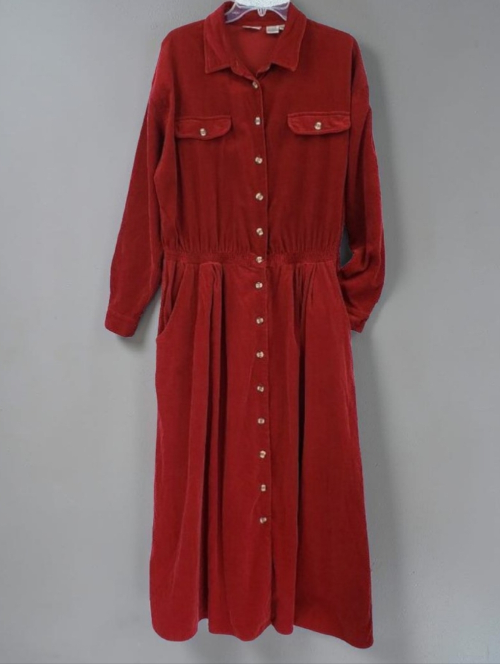 Vintage Corduroy Maxi Dress Size 1X Red Sarah Chapman Button Down Long Sleeves